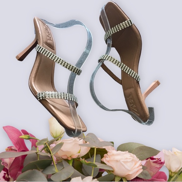 ZARA Slides 2 Strap Open Toe Silver Rhinestones 3” Heel - Picture 3 of 8